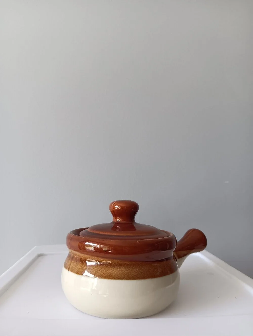 Vintage Handled Ceramic Crock French Onion Soup Bowl & Lid Made in Japan Brown